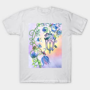 Magic streetlight with flowers and butterflies decoration. Fairy spring garden watercolor illustration. Colorful romantic scenery T-Shirt
